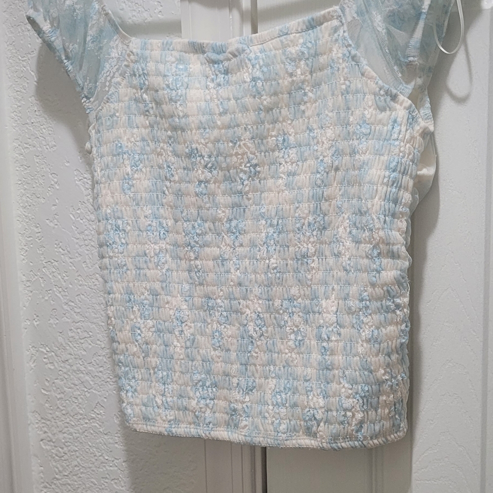 Self Esteem Sky Blue and Cream Smocked Blouse